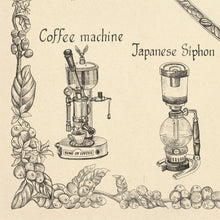 Load image into Gallery viewer, Coffee machine and Japanese siphon all hand drawn for world coffee map. In cream background.
