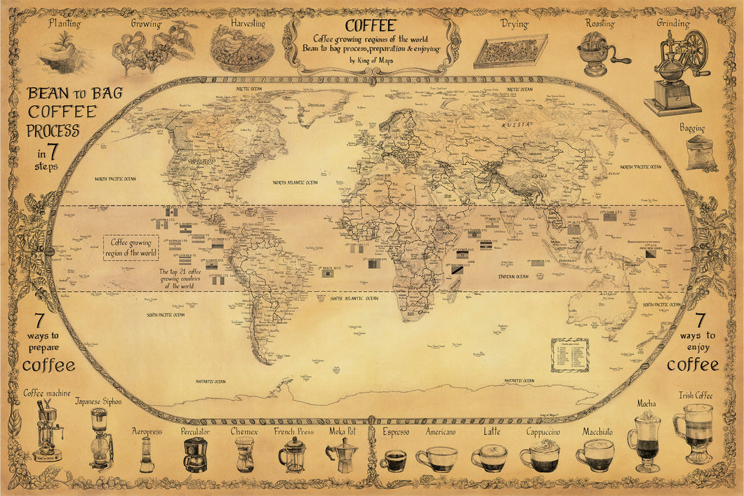 Coffee world map featuring bean to bag coffee production process, 7 ways to prepare and enjoy coffee along with coffee bean belt growing region. Coffee color background.