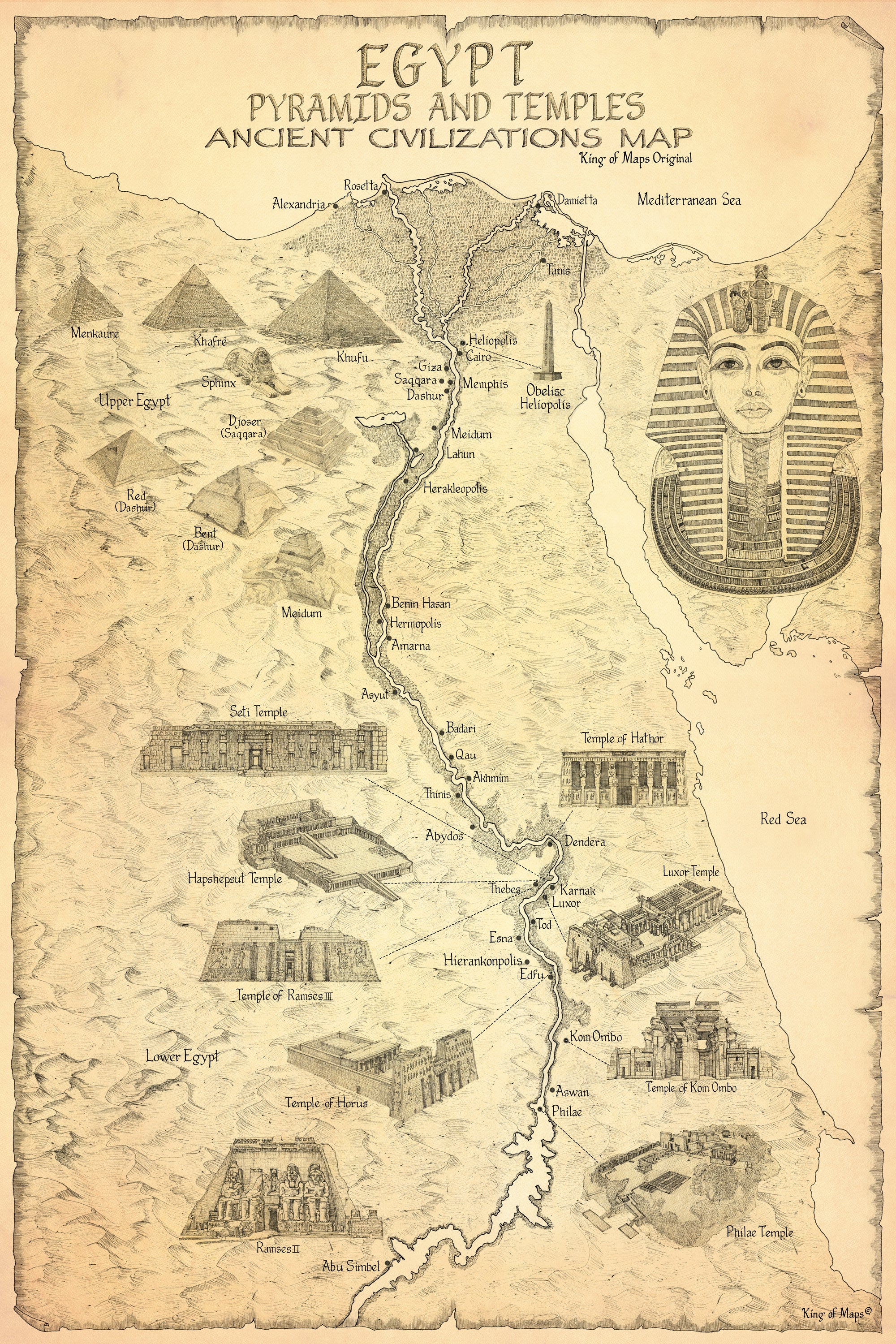 EGYPT PYRAMIDS & TEMPLES MAP - Ancient Egyptian sites from Giza to the – King of Maps egypt-pyramids-temples-map-ancient-egyptian-sites-from-giza-to-the-king-of-maps