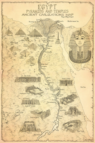 Egypt map depicting classic temples and pyramids of the ancient civilizations of the Egyptian region. Pyramids and temples along with Tutankhamun and the Nile river map new design by king of maps art and  hand drawn department