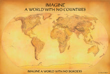 Load image into Gallery viewer, Imagine a world with no countries world map. Eliminating borders in a dedication to John Lennon. Gold color background
