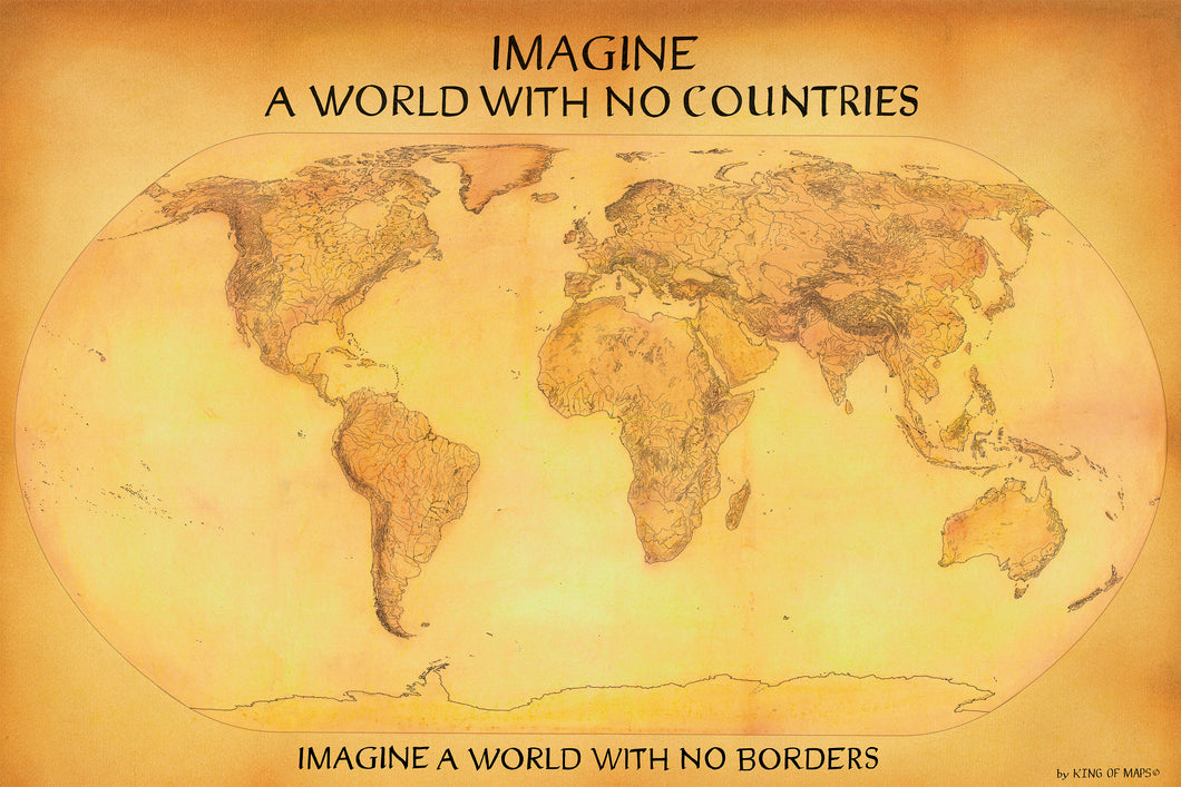 Imagine a world with no countries world map. Eliminating borders in a dedication to John Lennon. Gold color background