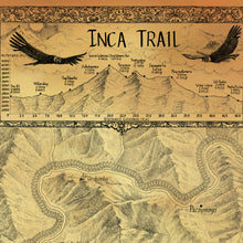 Load image into Gallery viewer, INCA TRAIL MAP - The famous Inka trail leading to Machu Picchu and hand-drawn images of historical sites along the way.

