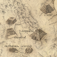 Load image into Gallery viewer, El Tajín Tula Teotihuacán and Tenochtitlán ruins all hand drawn on mesoamerican regional map
