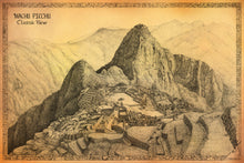 Load image into Gallery viewer, Machu Picchu classic view . Original drawing of Machu Picchu from the first angle visitors see to the site ideal souvenir for tourist in Peru. Gold color background. 
