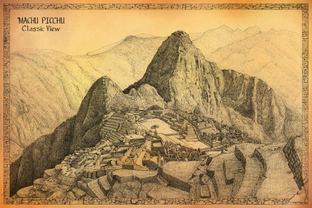 Machu Picchu classic view . Original drawing of Machu Picchu from the first angle visitors see to the site ideal souvenir for tourist in Peru. Gold color background. 