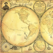 Load image into Gallery viewer, Americas in the nicolosi projection gold color background image of Magellan inset in top corner
