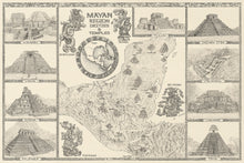 Load image into Gallery viewer, Mayan region map hand-drawn with the gods of Kukulkan , ek Chuah , yum Kaax, ixchel fra,es also includes depictions of ruins of mayapan, uxmal,Edizna, Palenque , Chichén Itzá Calakmul Lamanai and Tikal all around a map indicating the location of 20 Mayan ruins with  cream background
