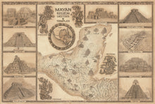 Load image into Gallery viewer, Mayan region map hand-drawn with the gods of Kukulkan , ek Chuah , yum Kaax, ixchel fra,es also includes depictions of ruins of mayapan, uxmal,Edizna, Palenque , Chichén Itzá  Calakmul Lamanai and Tikal all around a map indicating the location of 20 Mayan ruins with brown finish
