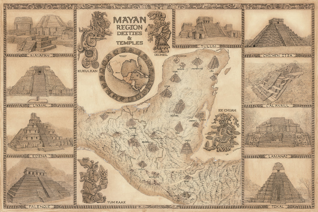 Mayan region map hand-drawn with the gods of Kukulkan , ek Chuah , yum Kaax, ixchel fra,es also includes depictions of ruins of mayapan, uxmal,Edizna, Palenque , Chichén Itzá  Calakmul Lamanai and Tikal all around a map indicating the location of 20 Mayan ruins with brown finish