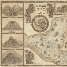 Load image into Gallery viewer, Mayan region deities and temples map left side with Mayan calendar and temples of uxmal Edina and Palenque  along with hand drawn dot images of Kukulkan ixchel and yum Kaax. Brown background
