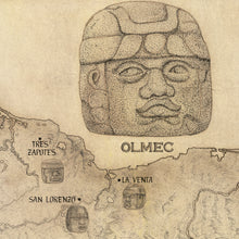 Load image into Gallery viewer, Olmec region of tres zapotes la venta and San Lorenzo along with Olmec head on hand drawn map of the mesoamerican region
