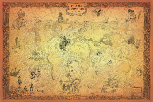 Pirate treasure world map with sea monsters and pirates Zeus dragons and Caribbean treasure location gold background