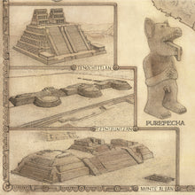 Load image into Gallery viewer, Temples of Tenochtitlán tzintzuntzan and monte alban along with purepecha coyote god all hand drawn by king of maps
