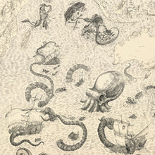 Load image into Gallery viewer, Skeleton Octopus fish with destruction of ships and skeleton shark in pirate world map
