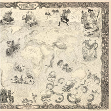 Load image into Gallery viewer, Right side of skeleton pirate map featuring pirate king, mermaids and sea monsters and pirates. 
