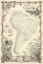 Load image into Gallery viewer, South America continental map with dedication to inka and Americo Vespucci along with Amazonian wildlife scene all hand-drawn cream
