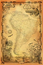 Load image into Gallery viewer, South America continental map with dedication to inka and Americo Vespucci along with Amazonian wildlife scene all hand-drawn Gold color
