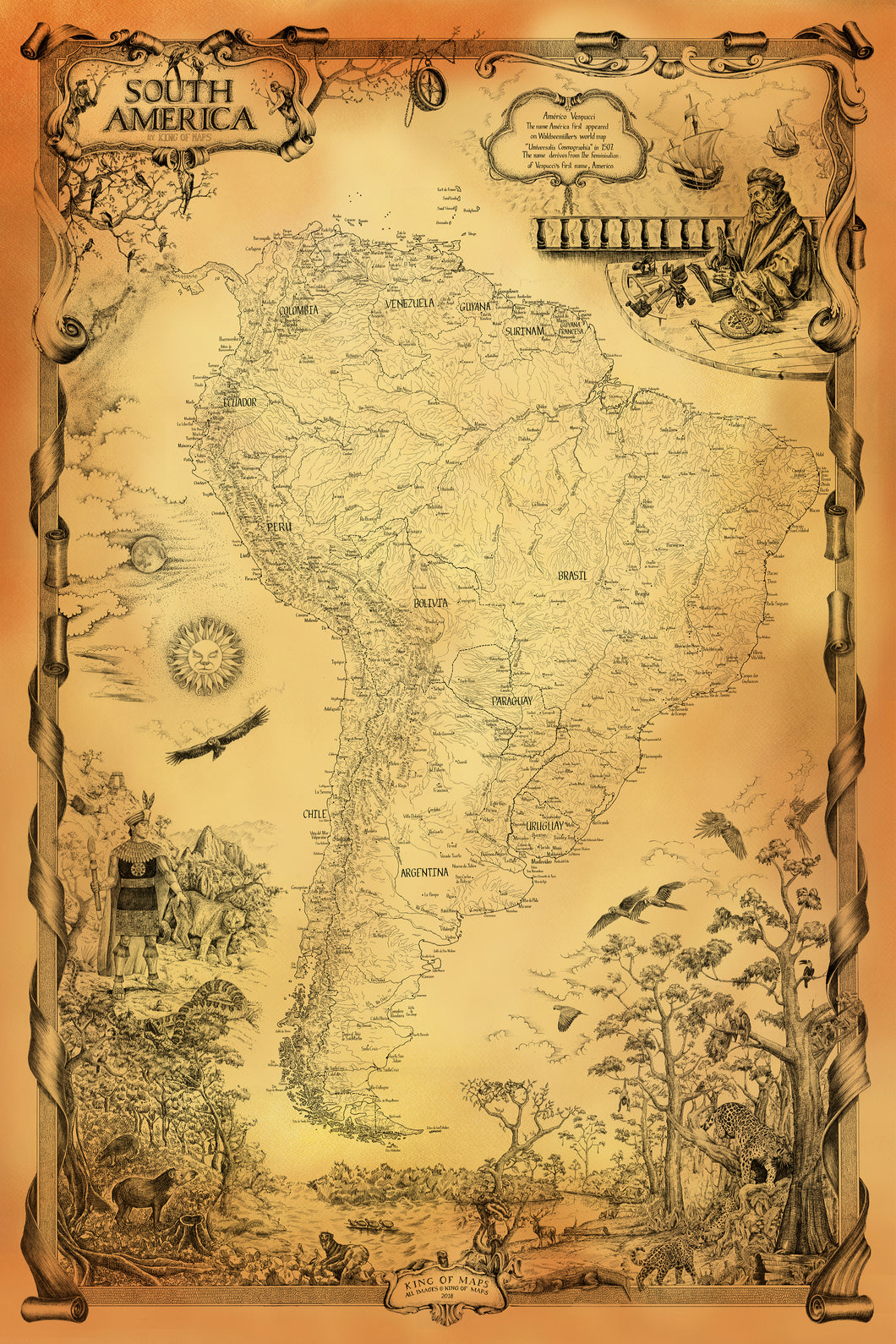South America continental map with dedication to inka and Americo Vespucci along with Amazonian wildlife scene all hand-drawn Gold color
