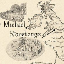 Load image into Gallery viewer, Stone henge is drawn in high detail along with map indicating where it is located within England.
