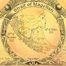 Load image into Gallery viewer, The straight of Magellan was first discovered on the first circumnavigation of the planet allowing Magellan to teach Asia as shown on this detailed inset map. 
