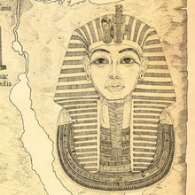 Load image into Gallery viewer, Tutankhamun his burial mask is probably the most famous artefact of the Egyptian history and is depicted here in the top right corner of our Egypt map of temples . hand drawn original depiction by King of maps
