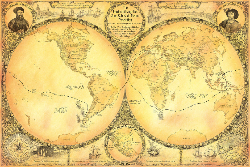 Worlds first circumnavigation map the Magellan Elcano voyage around the world Is graphically depicted here along with the fate of the ships in a nicolosi  projection  all hand drawn by king of maps