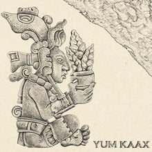 Load image into Gallery viewer, Yum kaax the Mayan god of hunting and cultivation hand-drawn here in a dot drawing technique. 
