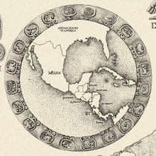 Load image into Gallery viewer, Mayan calendar is hand-drawn and is the framing of a Mayan region map that highlight the region&#39;s limits. Cream back ground 
