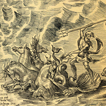 Load image into Gallery viewer, Neptune the king of the sea and master of horses is hand drawn here guiding the king of spain across the Atlantic
